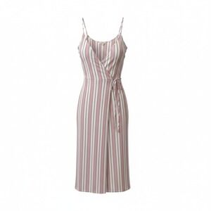 WAYF Women Midi Dress L Pink White Linen Blend Coastal Summer Striped Wrap